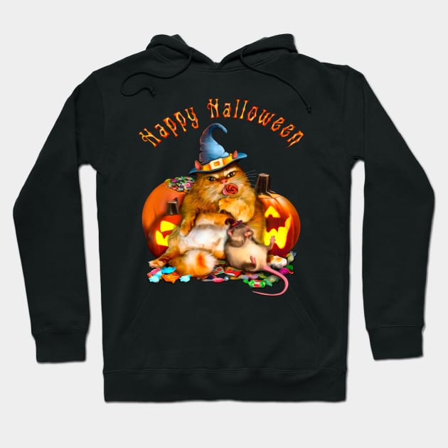 Happy Halloween Cat and Rat are eating sweets among pumpkins Hoodie by SafSafStore